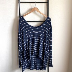 Free People Blue Striped Distressed Waffle Long Sleeve Thermal Sweater Top